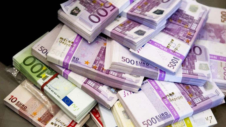 Money seized by German customs agency Zoll during anti-money laundering operation is displayed before agency's annual statistics news conference in Berlin
