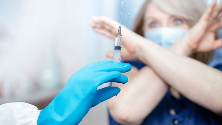 People,Vaccination,Phobia,Concept.,Senior,Elderly,Woman,Refuses,Syringe,With