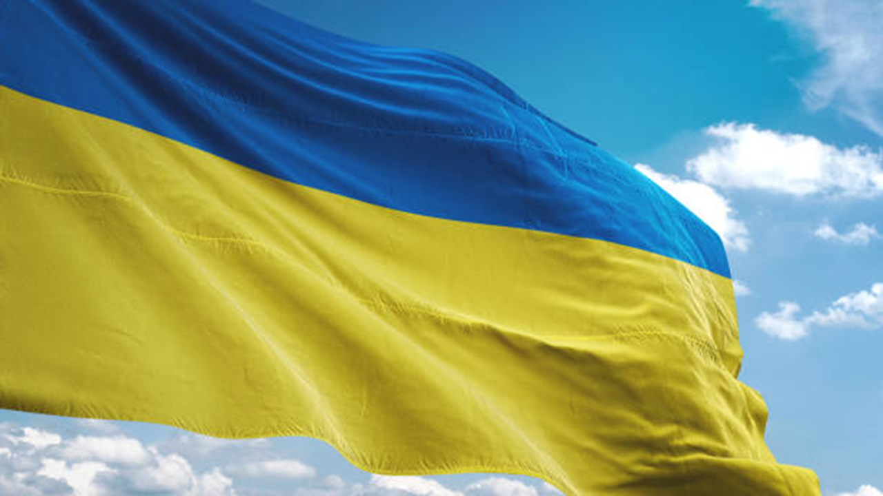 Ukraine flag waving cloudy sky background realistic 3d illustration
