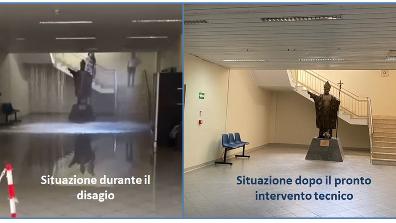 Ospedale di Sciacca, perdita idrica a cascata nei locali d’ingresso: intervento lampo per la riparazione