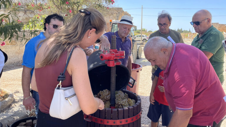 Turisti ed agricoltori pigiano l'uva
