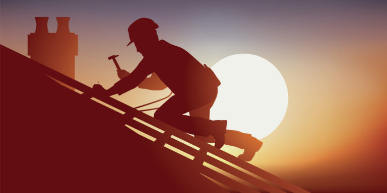 Concept of risky work with a carpenter working on a roof