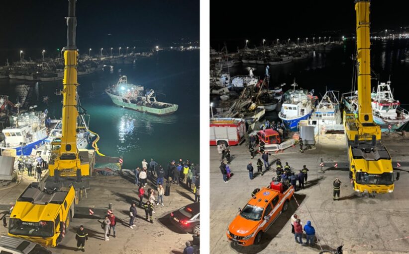Gran lavoro fino a notte nell'area portuale per salvare il peschereccio che stava affondando
